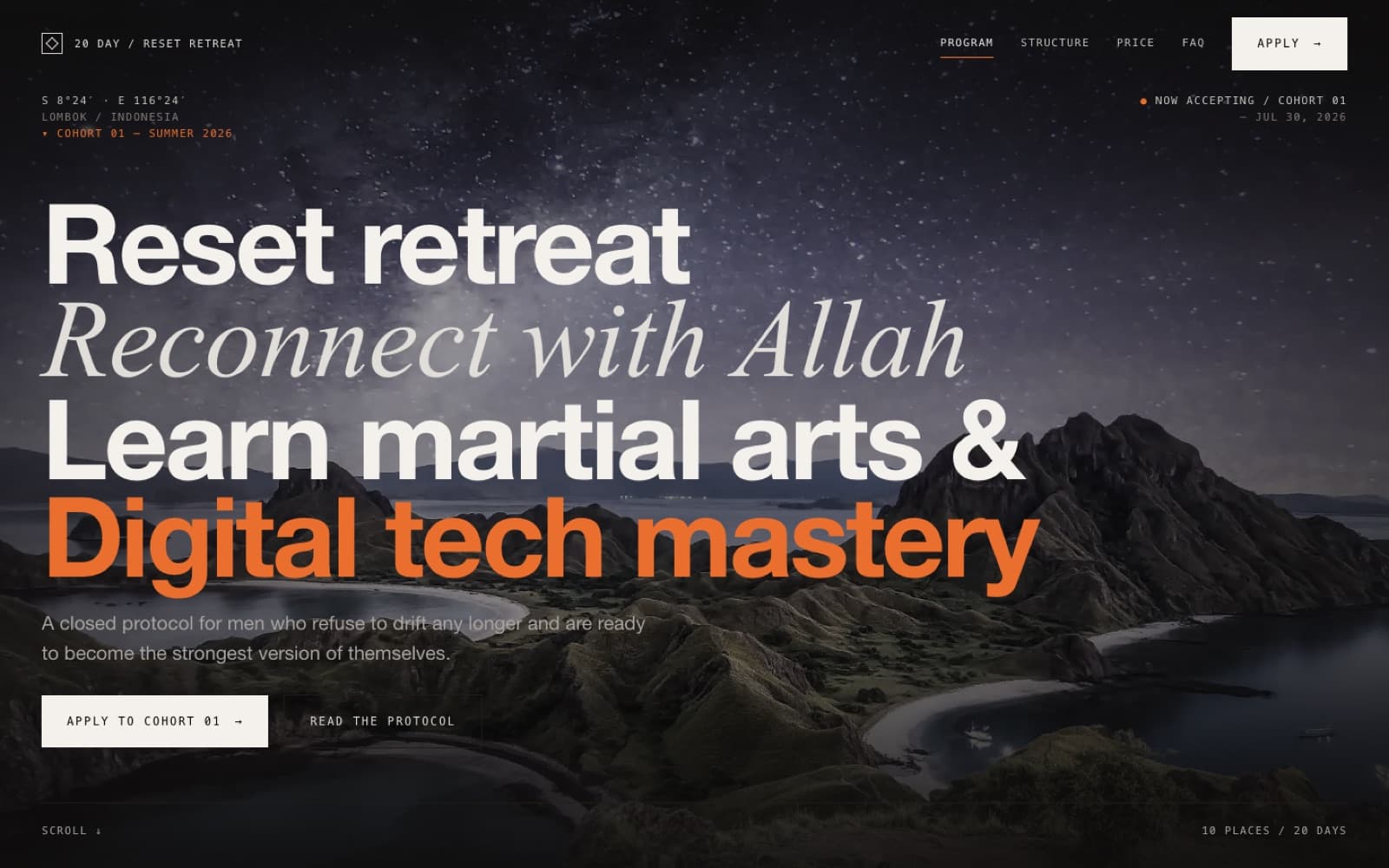 20 Day Retreat home page with a dark editorial hero.