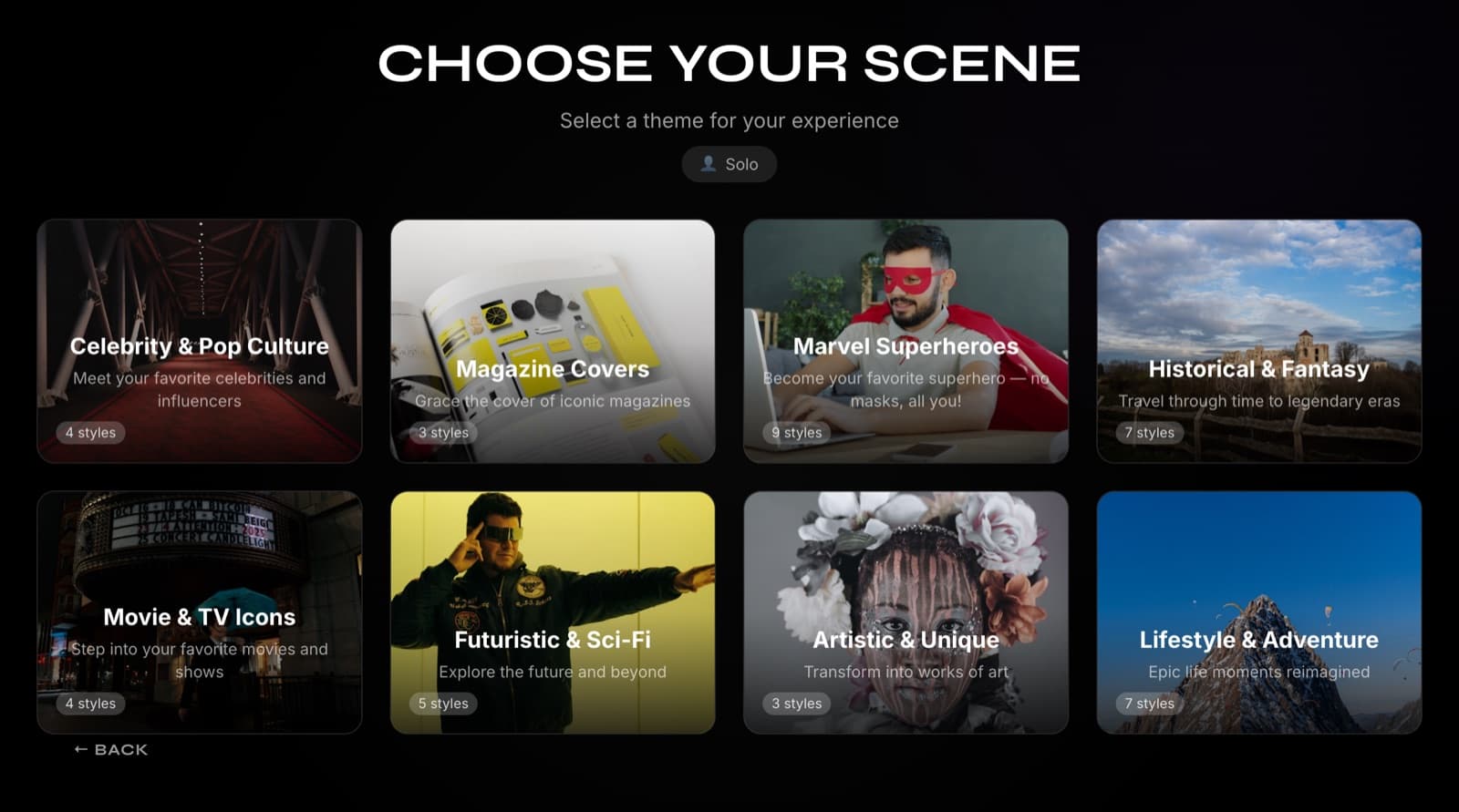 The kiosk's scene picker: eight themes such as Magazine Covers, Marvel Superheroes and Historical & Fantasy.