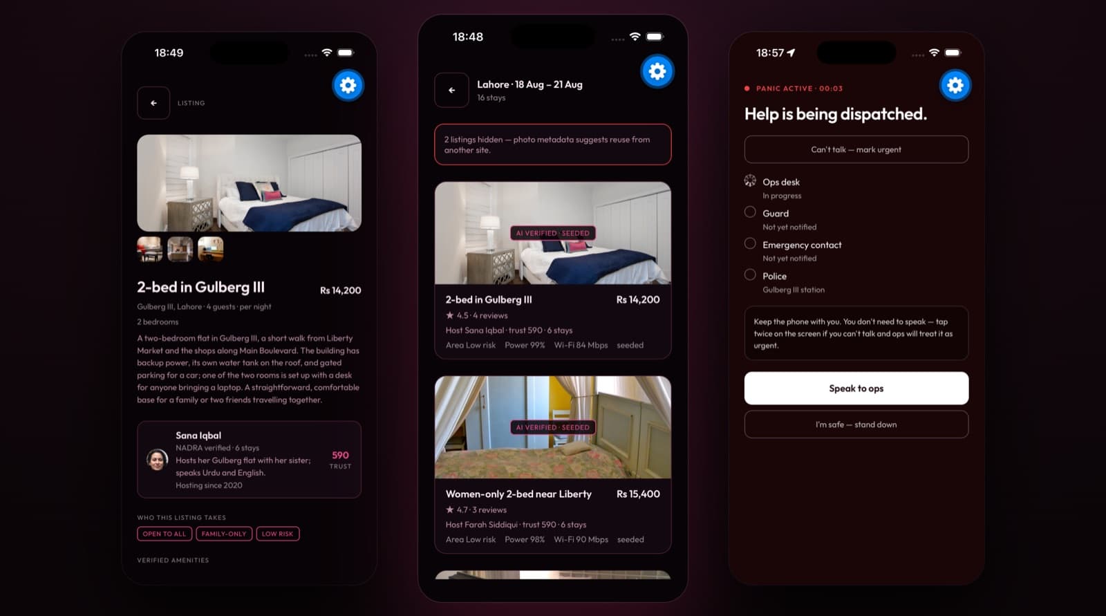Three phone screens from the Faith app: a listing in Gulberg, verified search results in Lahore, and the active panic screen.