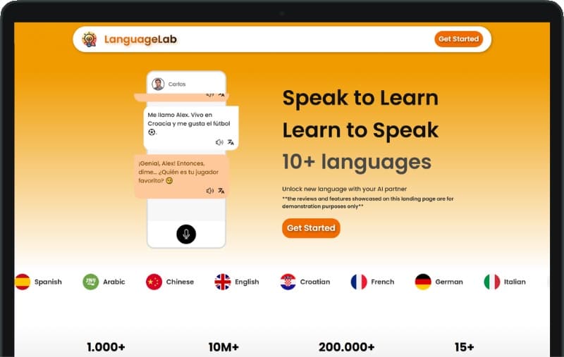 Language Lab tutor screen with the conversation and microphone controls.
