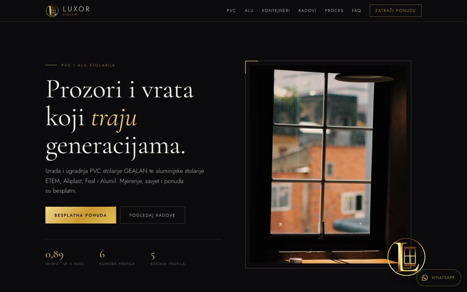 Luxor Sistem home page: dark hero with a window photo, the headline about windows and doors that last for generations, and profile figures.