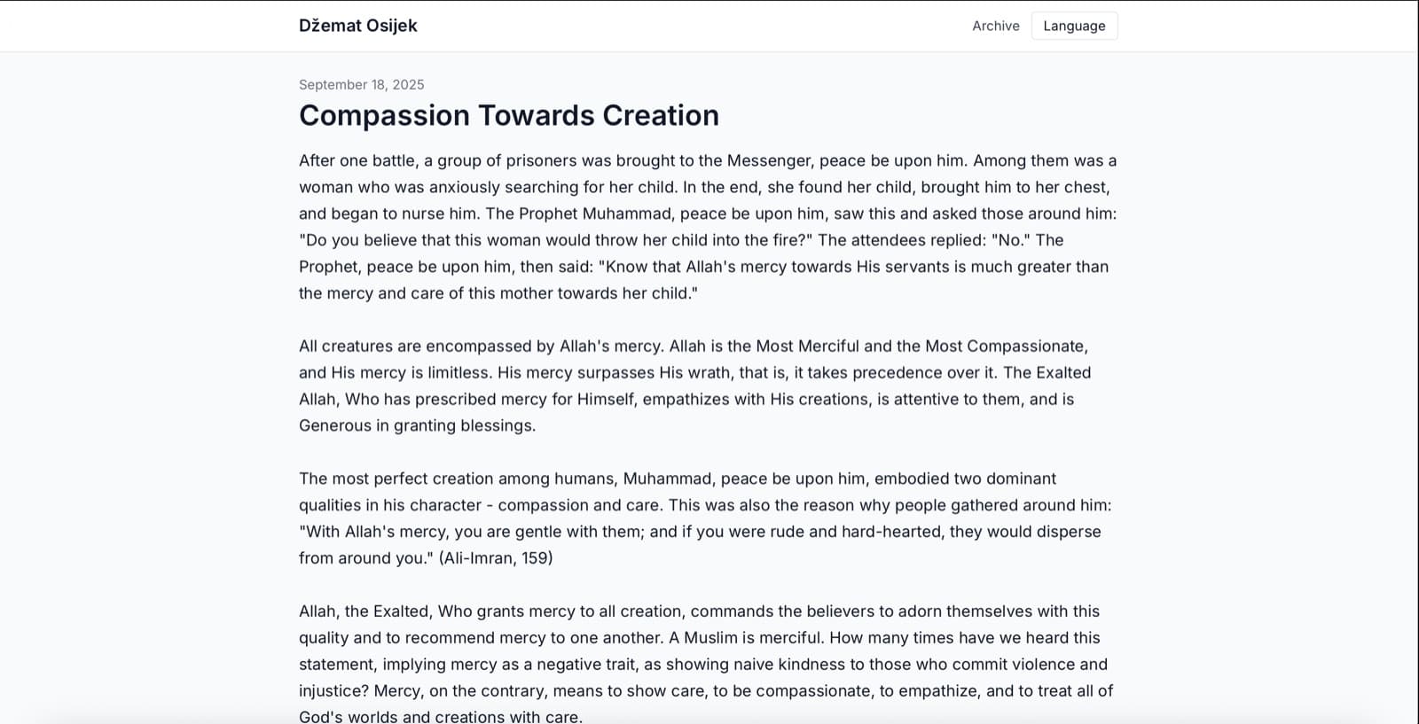 Khutbah translator screen showing a live translated passage.